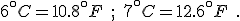 6^\circ{}C = 10.8^\circ{}F \quad ; \quad 7^\circ{}C = 12.6^\circ{}F \quad .